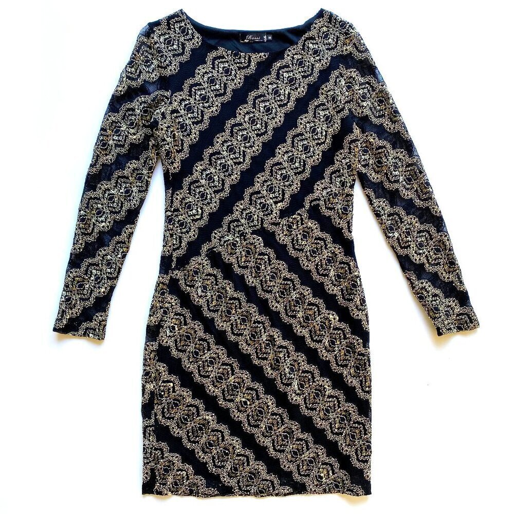 Bacci Black Lace & Metallic Gold Embroidered Dress Size M - Picture 4 of 15
